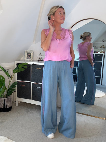 Chambray/Pink Stripe Wide Leg Trousers