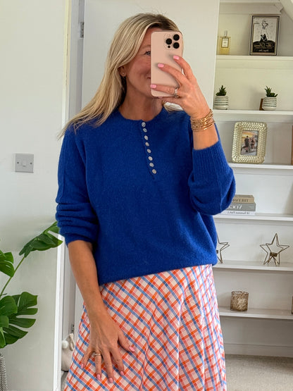 Orange/Blue Retro Check Flared Midi Skirt
