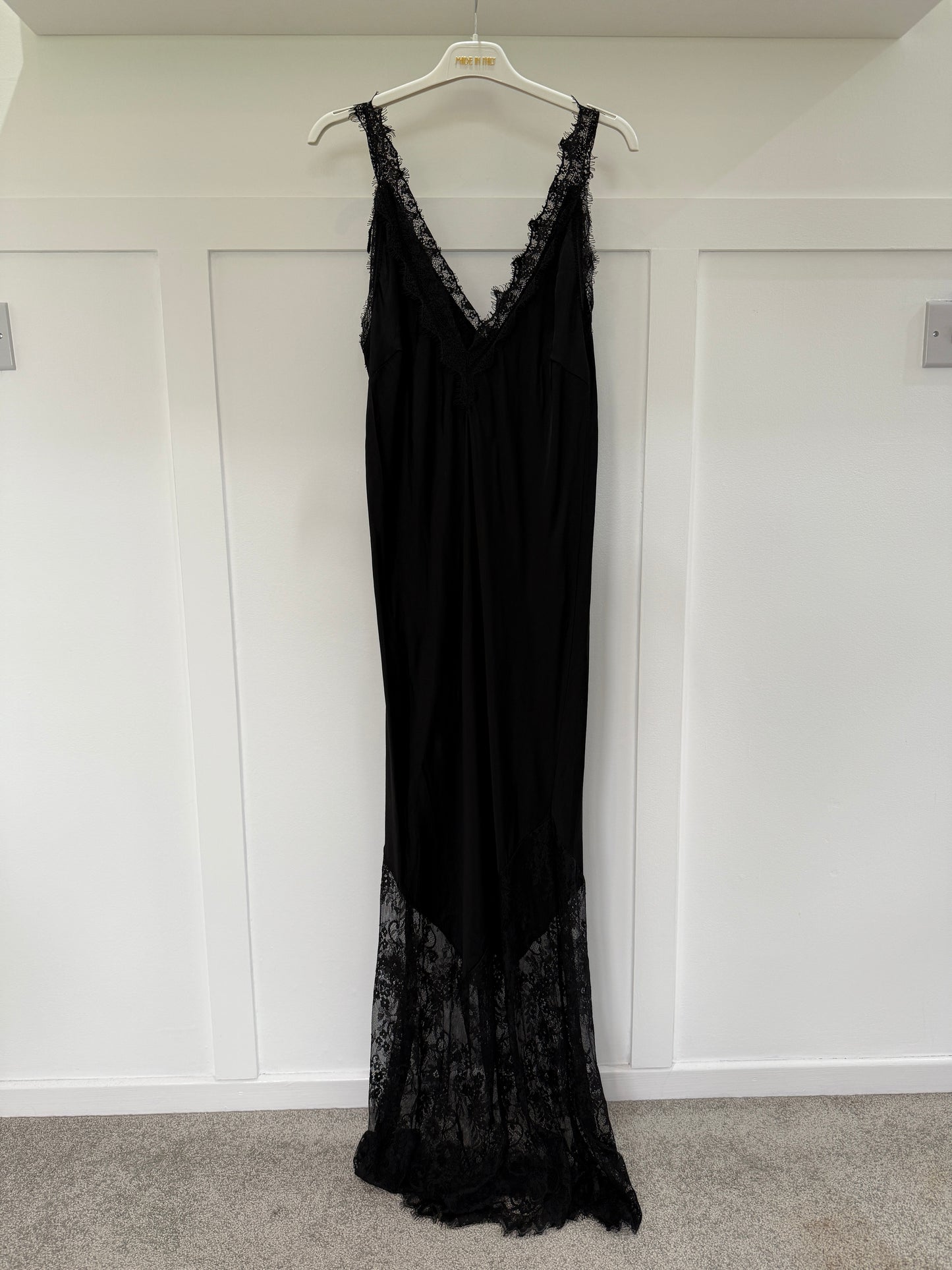 Black Satin Lace V-Neck Maxi Slip Dress