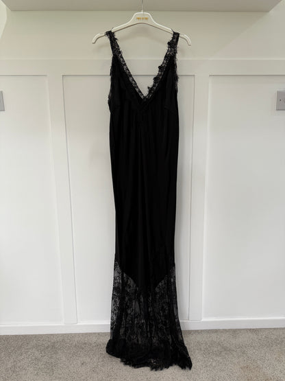 Black Satin Lace V-Neck Maxi Slip Dress