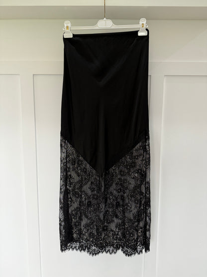 Black Satin Lace Detail Maxi Slip Skirt