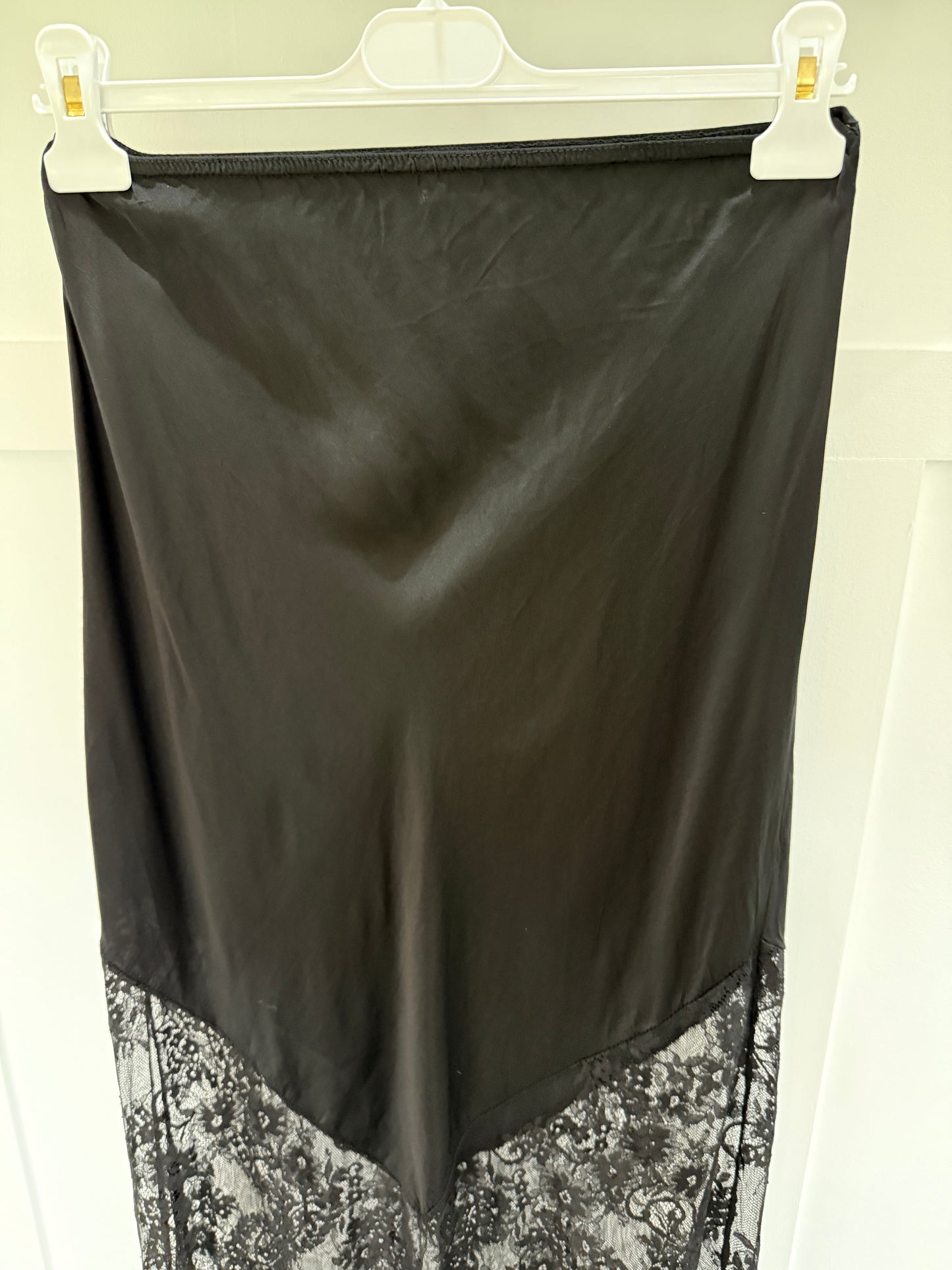 Black Satin Lace Detail Maxi Slip Skirt