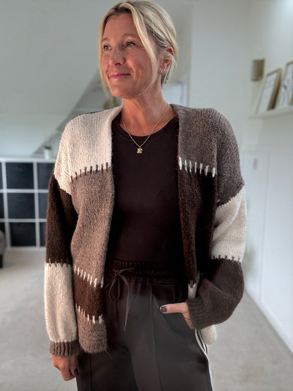 Brown/Mocha Patchwork Contrast Stitch Cosy Cardigan