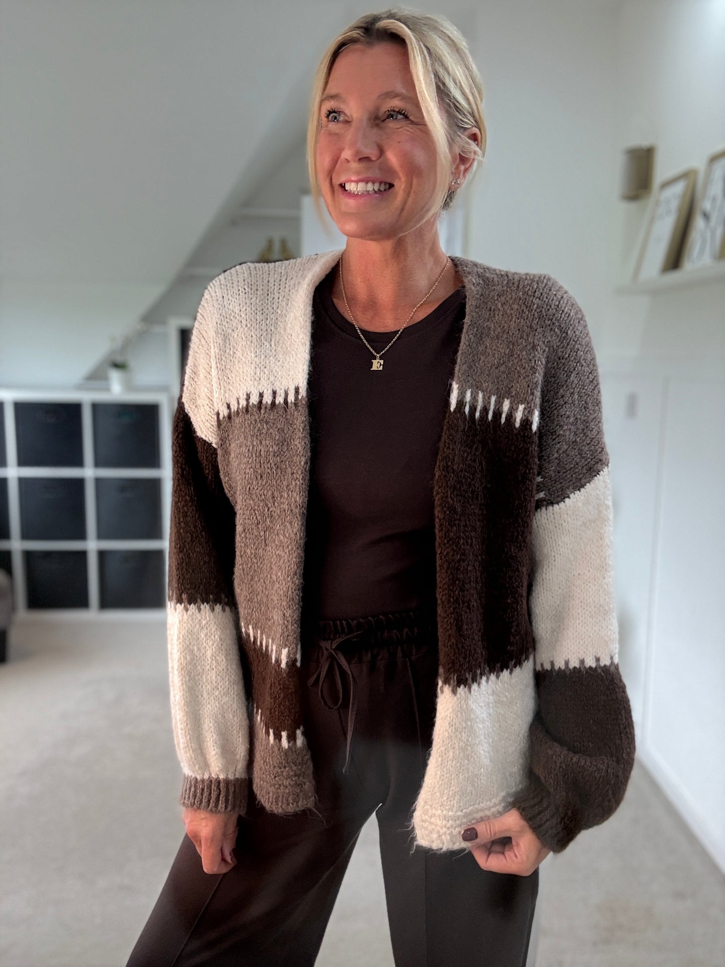 Brown/Mocha Patchwork Contrast Stitch Cosy Cardigan