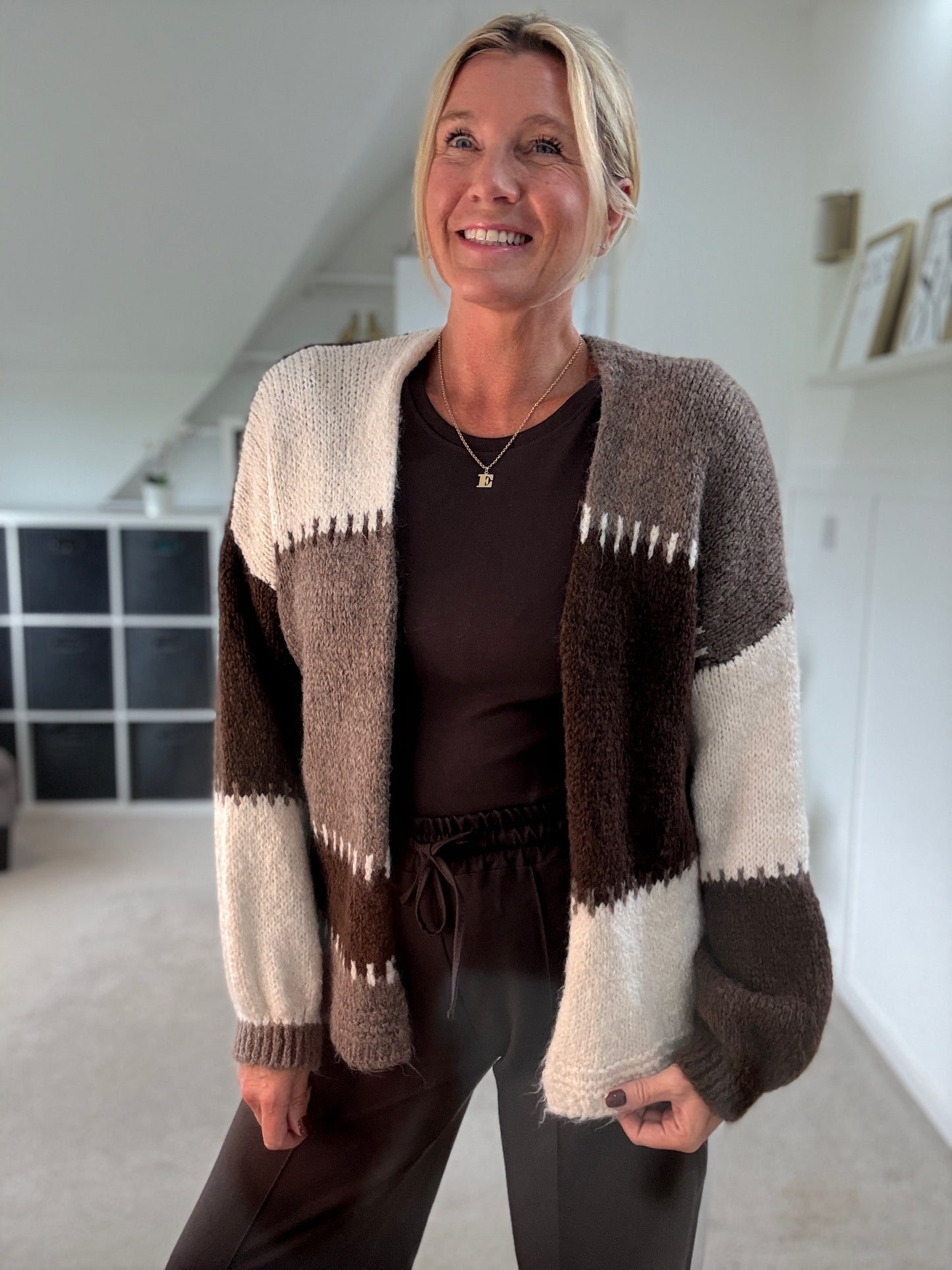 Brown/Mocha Patchwork Contrast Stitch Cosy Cardigan