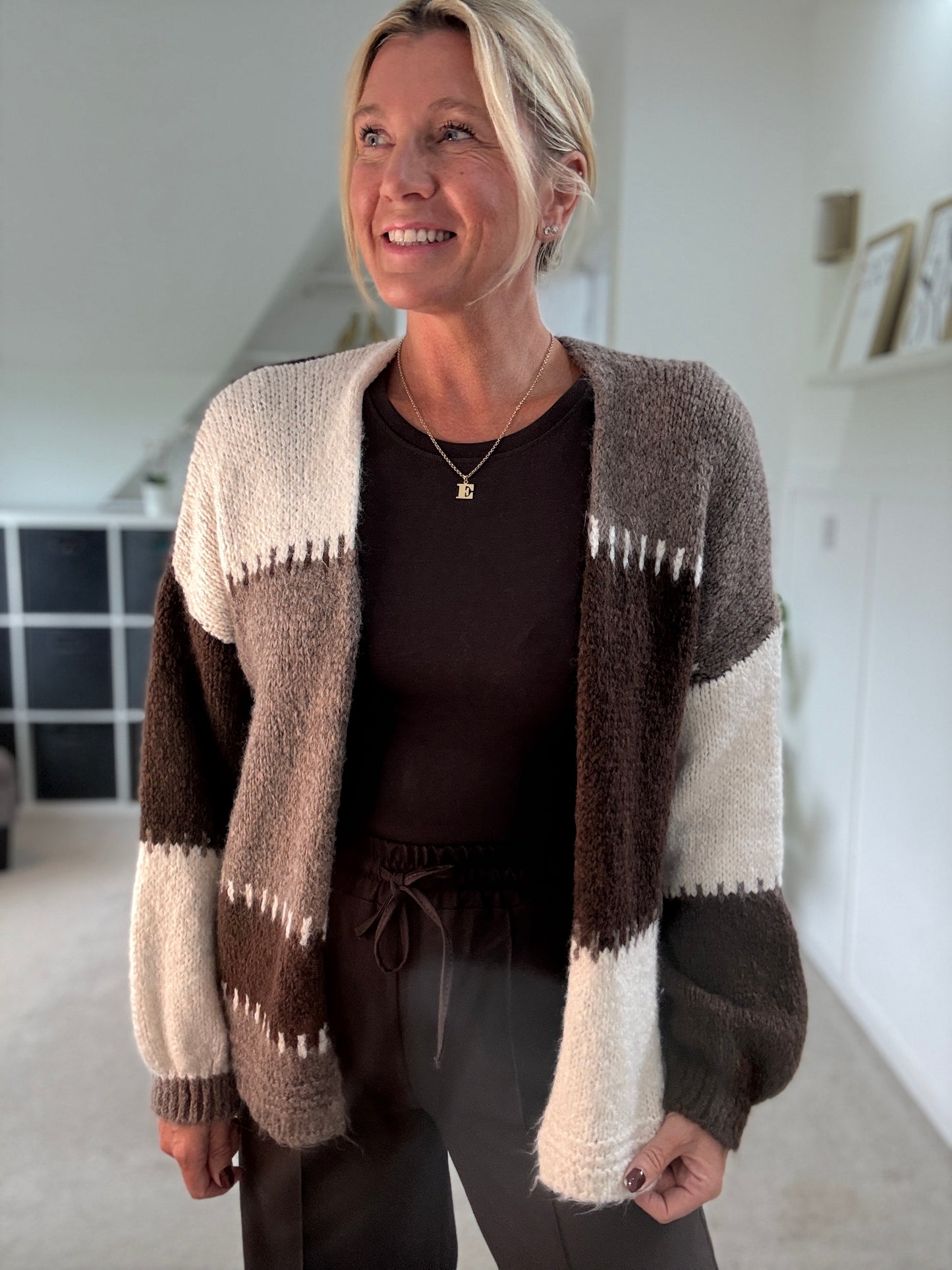 Brown/Mocha Patchwork Contrast Stitch Cosy Cardigan