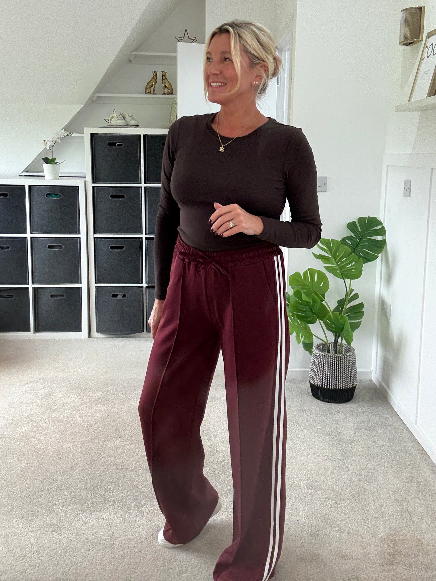 Burgundy Twill Double Stripe Wide Leg Trousers