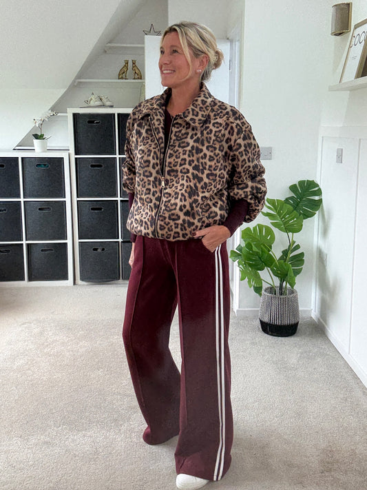 Burgundy Twill Double Stripe Wide Leg Trousers