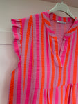 Neon Stripe Large Leopard Frill Sleeve Dress