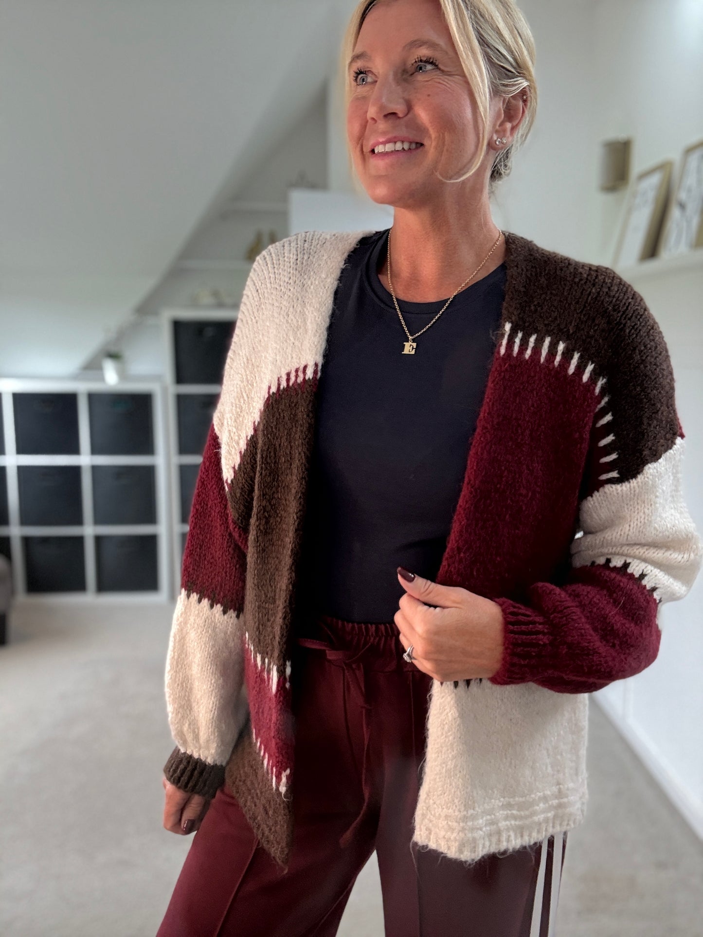 Brown/Mocha Patchwork Contrast Stitch Cosy Cardigan