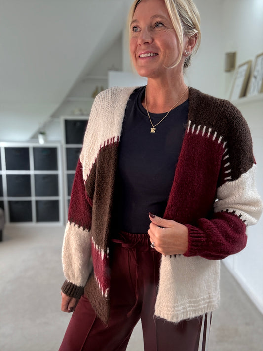 Burgundy/Chocolate Patchwork Contrast Stitch Cosy Cardigan