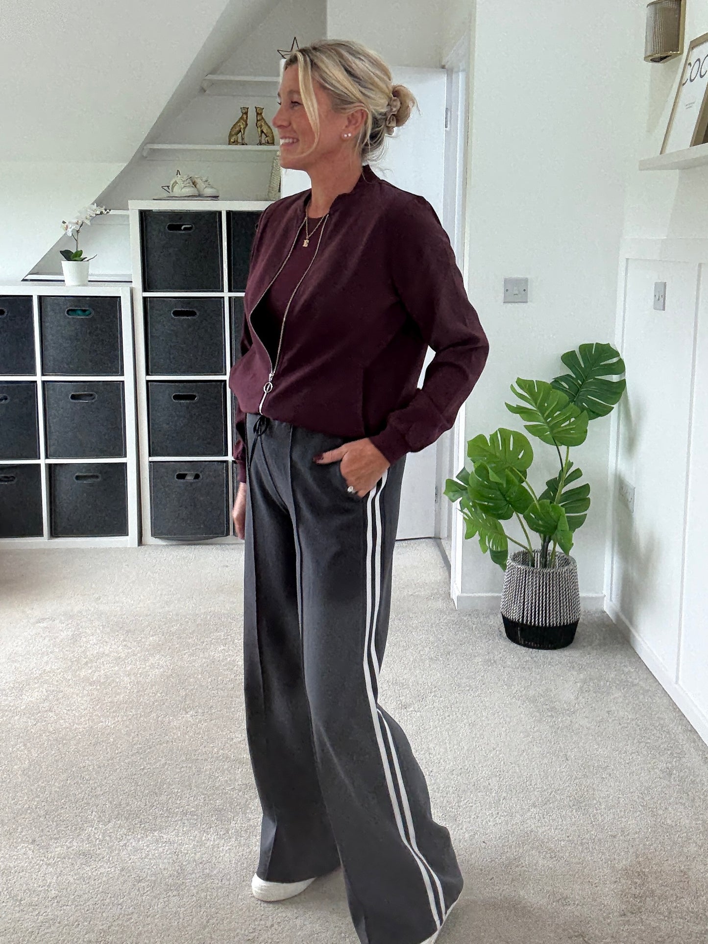 Grey Twill Double Stripe Wide Leg Trousers