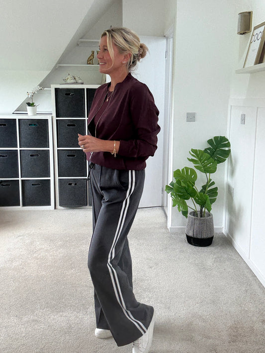 Grey Twill Double Stripe Wide Leg Trousers