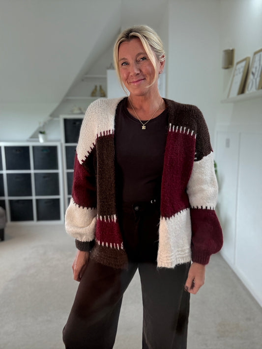 Burgundy/Chocolate Patchwork Contrast Stitch Cosy Cardigan