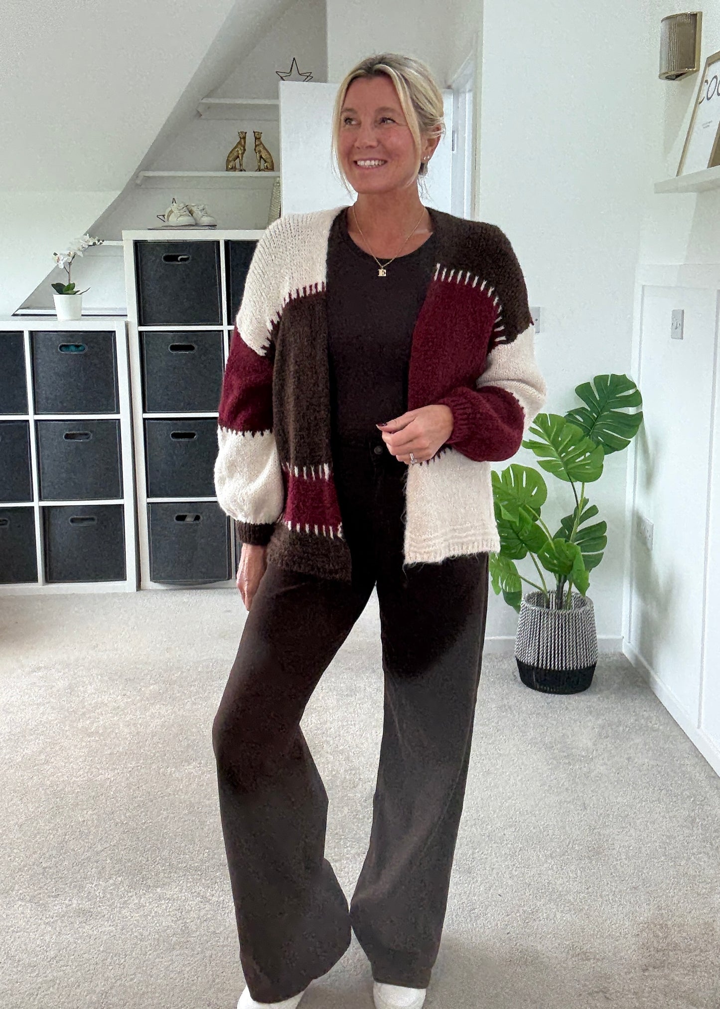 Brown/Mocha Patchwork Contrast Stitch Cosy Cardigan