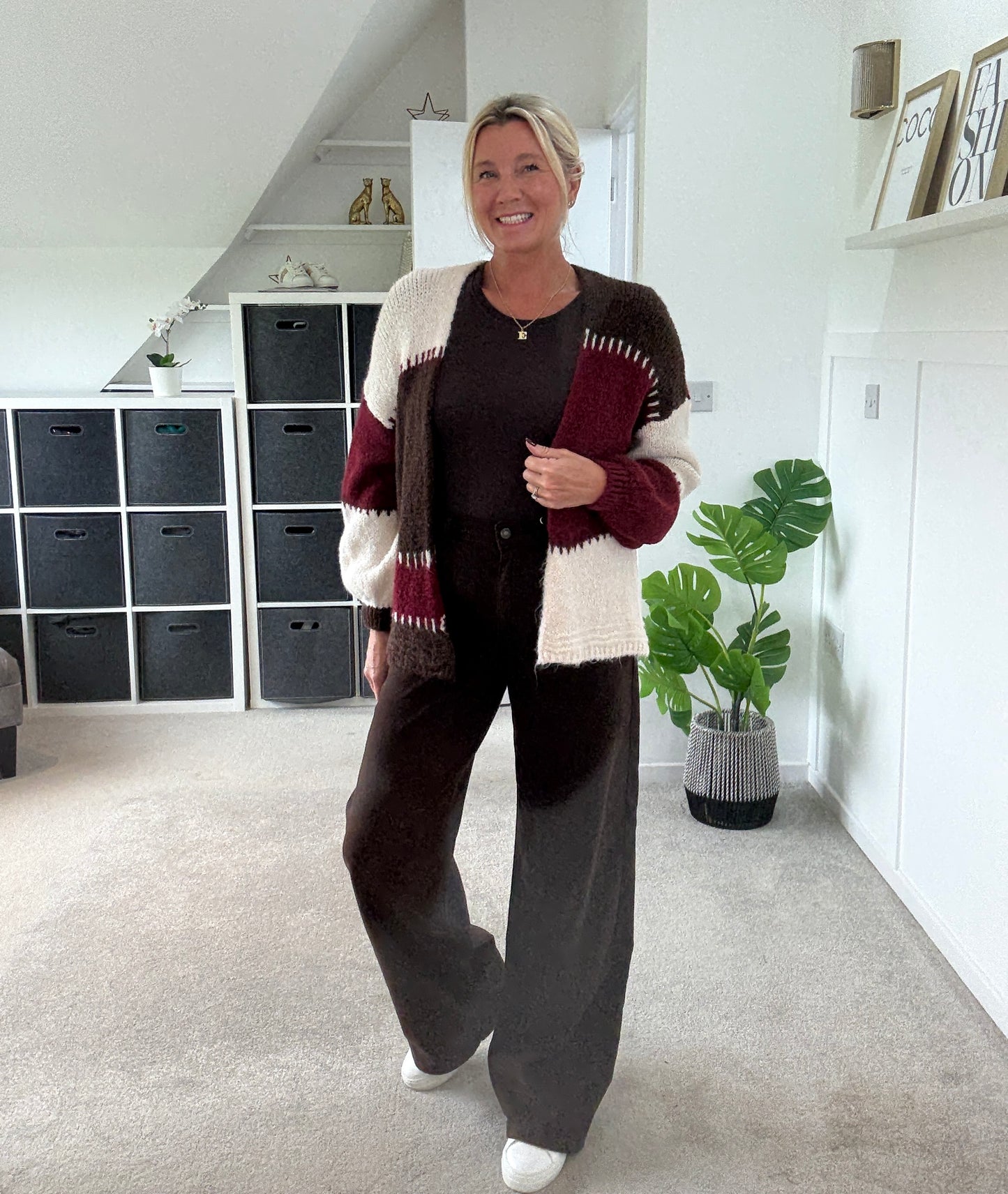 Brown/Mocha Patchwork Contrast Stitch Cosy Cardigan