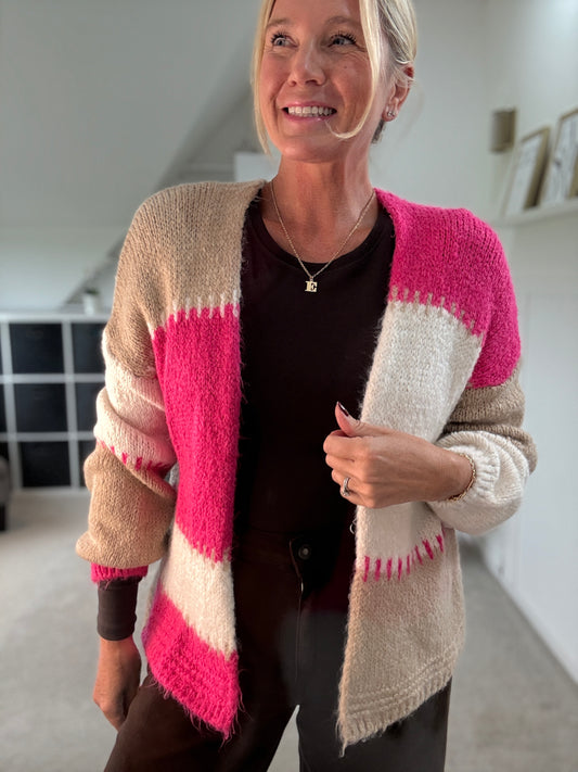 Pink/Mocha Patchwork Contrast Stitch Cosy Cardigan