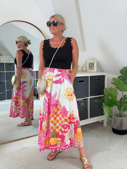 Pink Celestial Print Midi Skirt