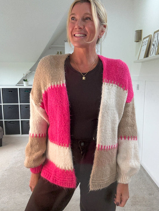 Pink/Mocha Patchwork Contrast Stitch Cosy Cardigan