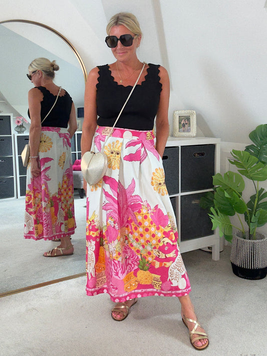 Pink Celestial Print Midi Skirt