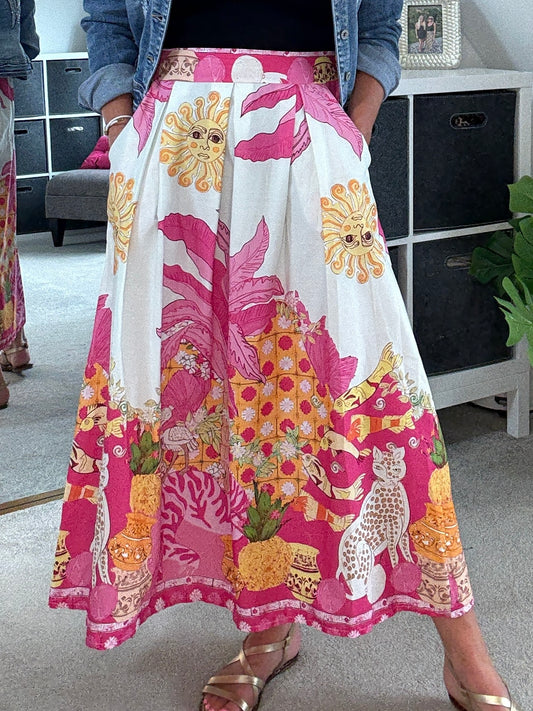 Pink Celestial Print Midi Skirt