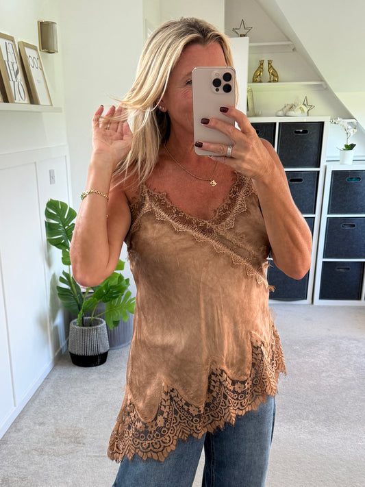 Camel Satin Lace Asymmetric Cami Top
