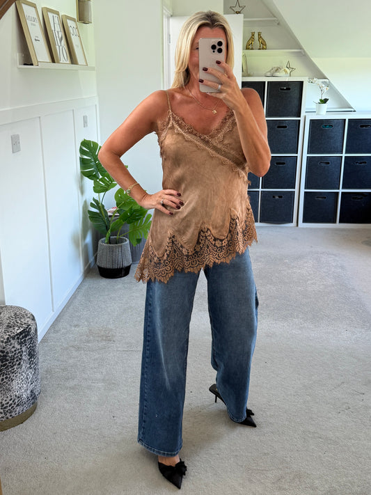 Camel Satin Lace Asymmetric Cami Top