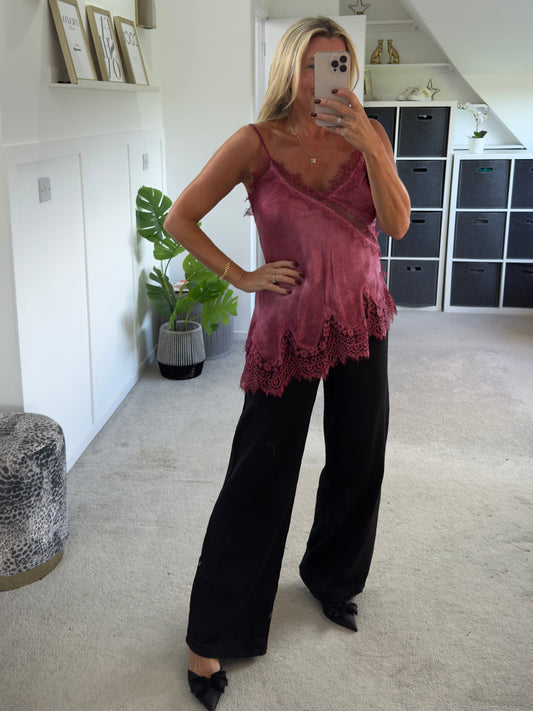 Burgundy Satin Lace Asymmetric Cami Top