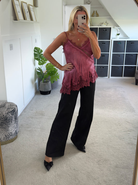 Burgundy Satin Lace Asymmetric Cami Top