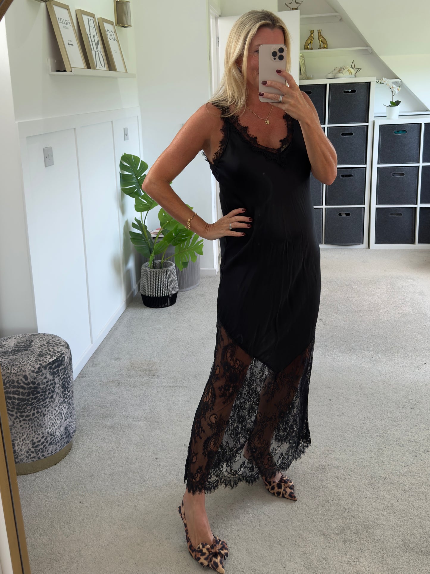 Black Satin Lace V-Neck Maxi Slip Dress