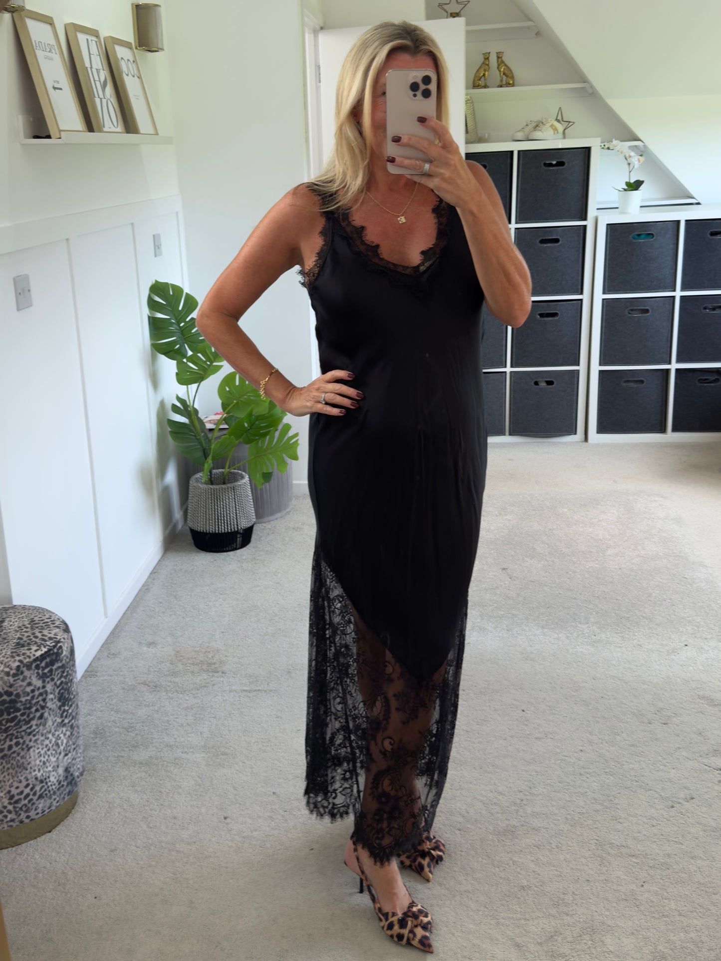 Black Satin Lace V-Neck Maxi Slip Dress