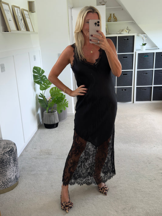 Black Satin Lace V-Neck Maxi Slip Dress