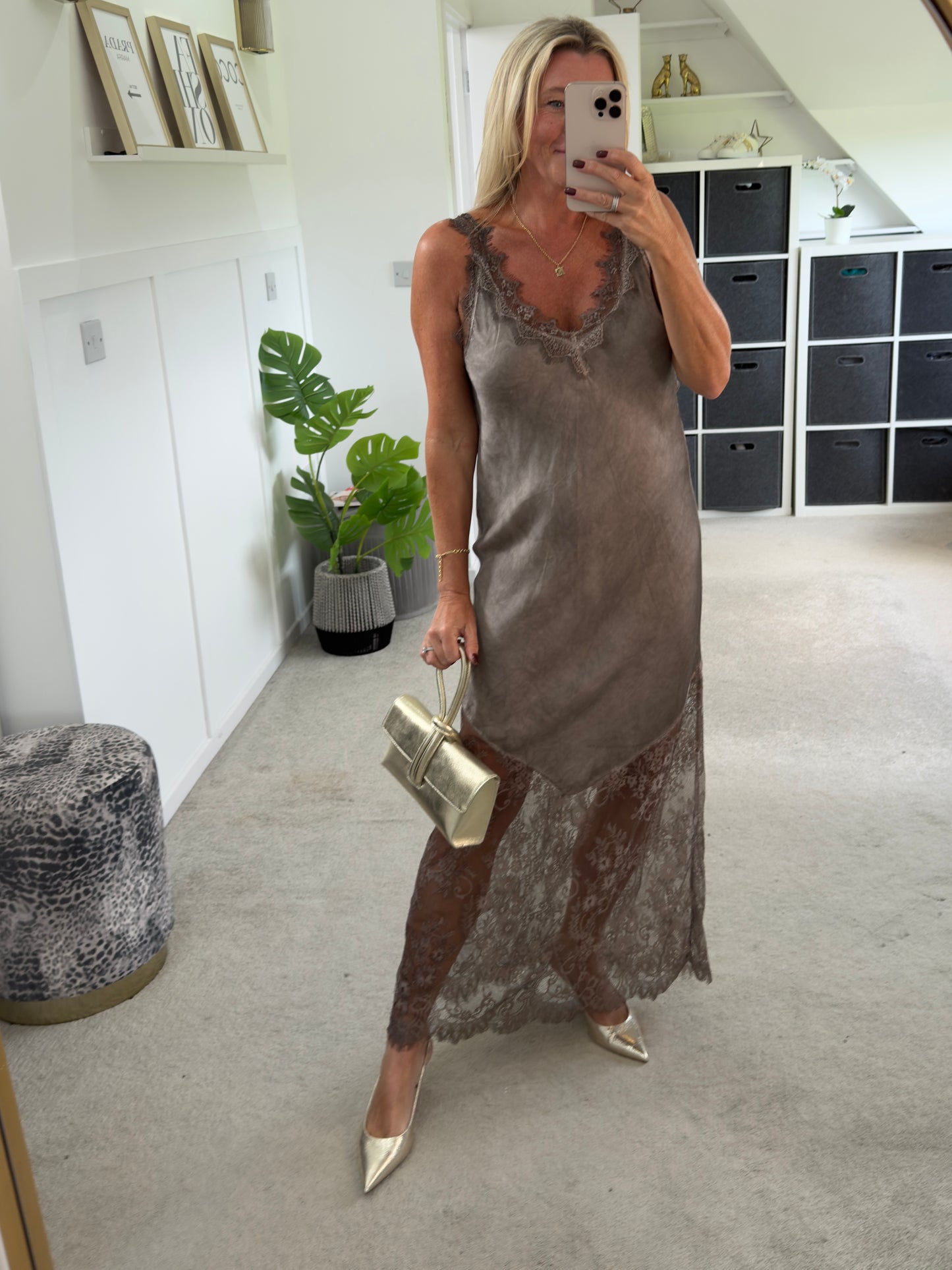 Mocha Satin Lace V-Neck Maxi Slip Dress