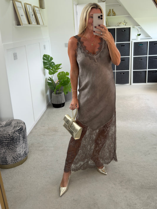 Mocha Satin Lace V-Neck Maxi Slip Dress