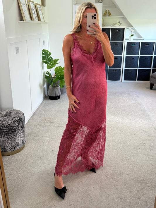 Burgundy Satin Lace V-Neck Maxi Slip Dress