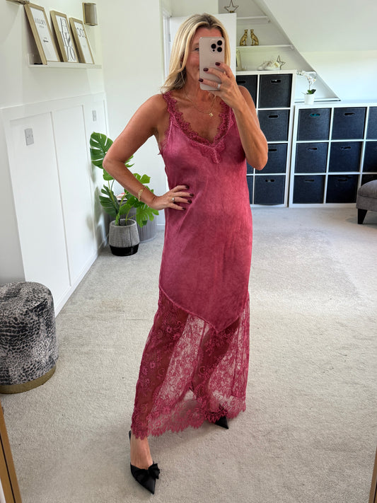 Burgundy Satin Lace V-Neck Maxi Slip Dress