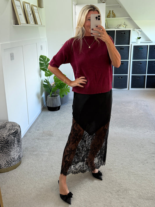 Black Satin Lace Detail Maxi Slip Skirt