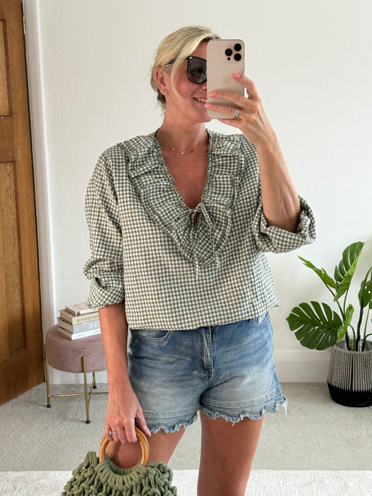 Khaki Gingham Ruffle Blouse