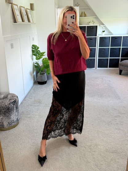 Black Satin Lace Detail Maxi Slip Skirt