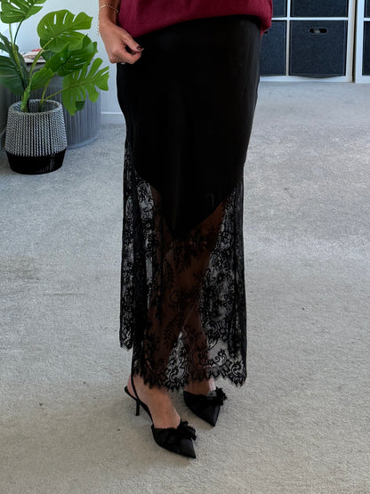 Black Satin Lace Detail Maxi Slip Skirt