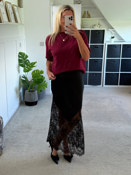 Black Satin Lace Detail Maxi Slip Skirt