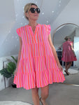 Neon Stripe Large Leopard Frill Sleeve Dress