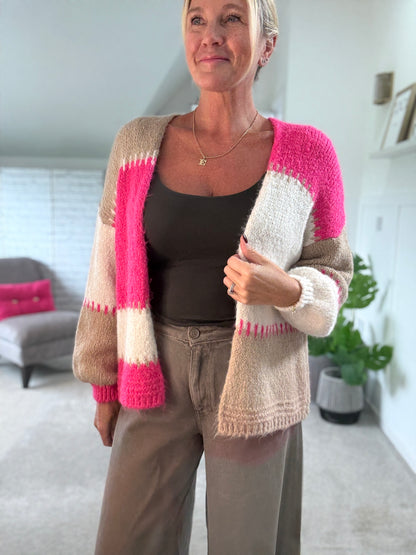 Pink/Mocha Patchwork Contrast Stitch Cosy Cardigan