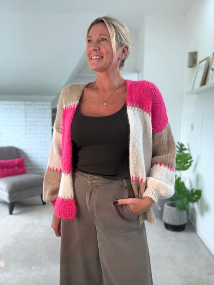 Pink/Mocha Patchwork Contrast Stitch Cosy Cardigan
