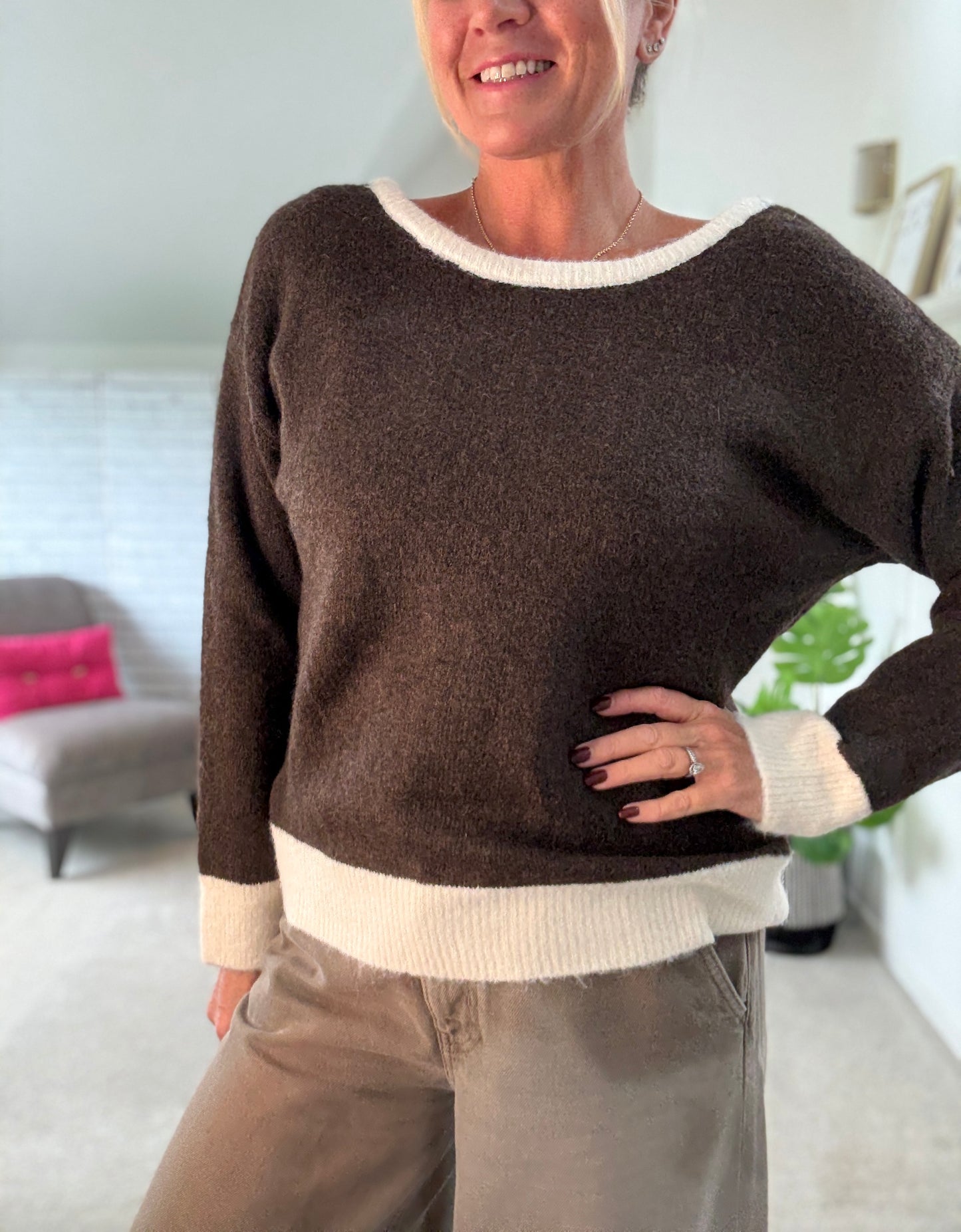 Chocolate/Cream Contrast Bow Back Jumper