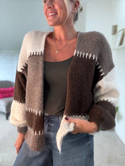 Chocolate/Mocha Patchwork Contrast Stitch Cosy Cardigan