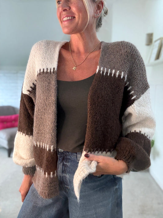 Chocolate/Mocha Patchwork Contrast Stitch Cosy Cardigan