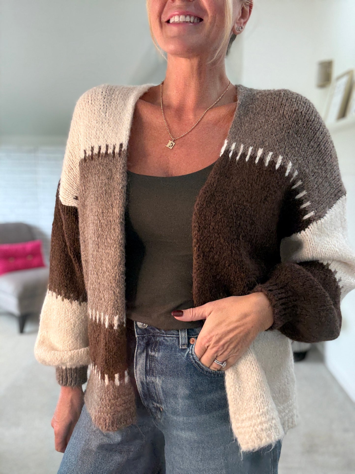 Chocolate/Mocha Patchwork Contrast Stitch Cosy Cardigan