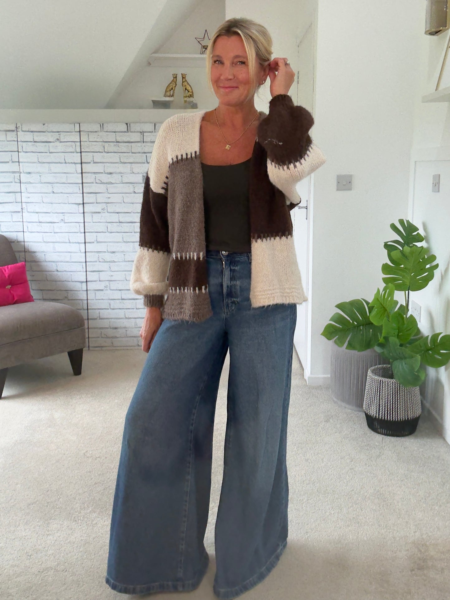 Chocolate/Mocha Patchwork Contrast Stitch Cosy Cardigan