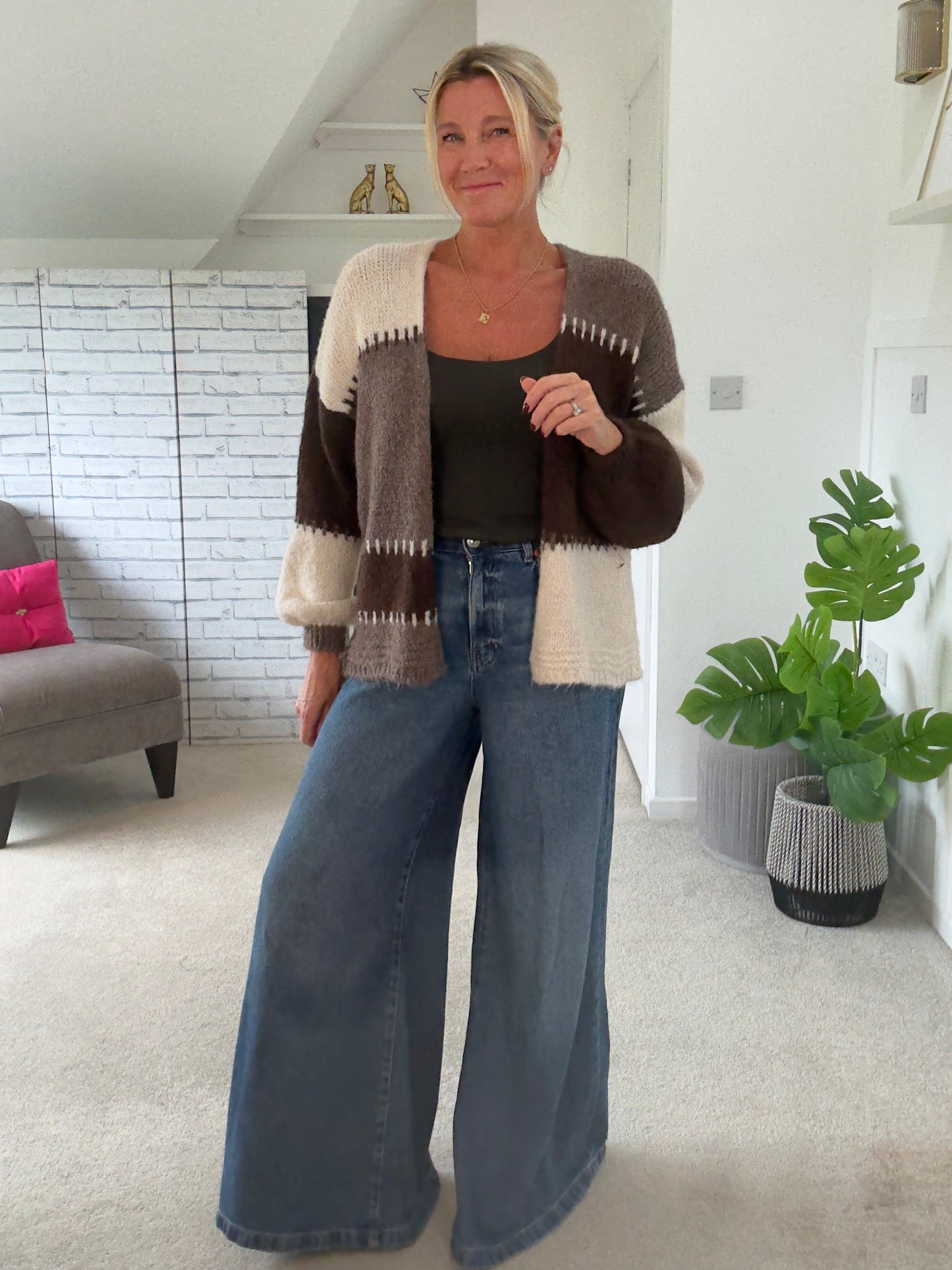 Chocolate/Mocha Patchwork Contrast Stitch Cosy Cardigan